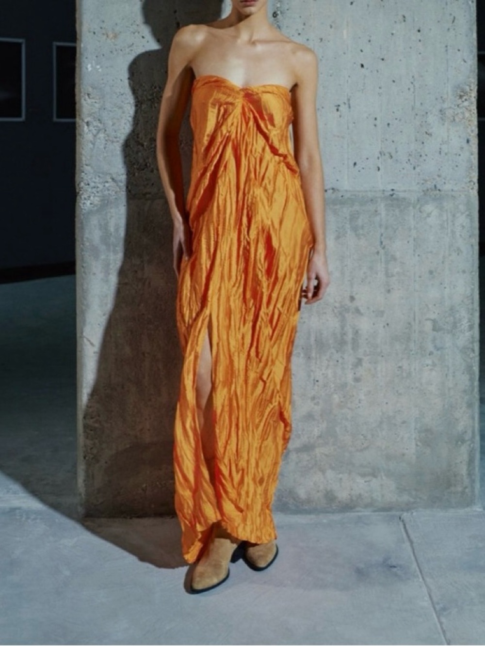 Baobab Ariel Aperol Crinkle Strapless Column Maxi Dress size S_NWT